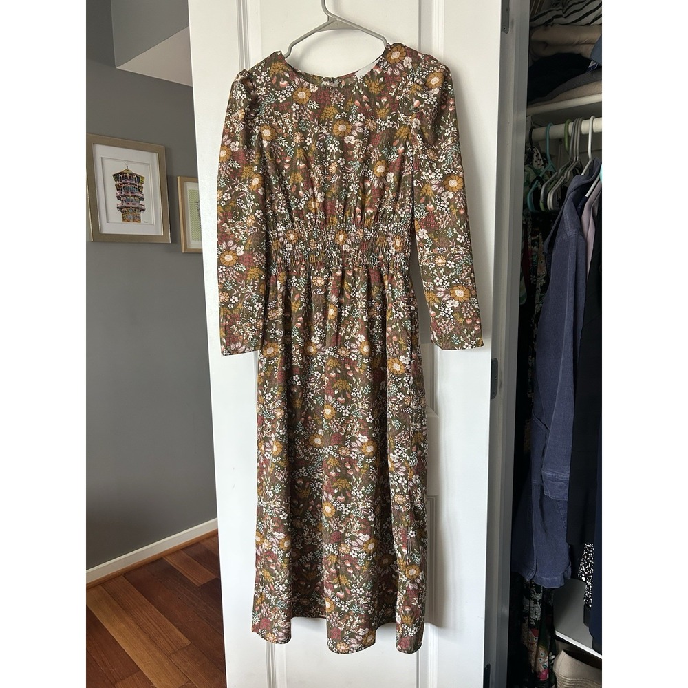 HAYDEN Brown Floral Midi Dress Long Sleeve Smocked Cottage Core Size Medium